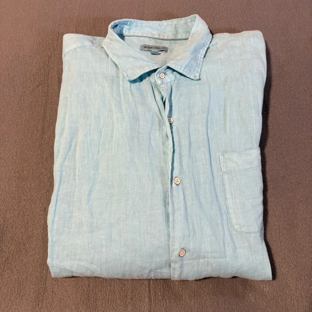 Peter Millar Button Up Shirt Mens XXL Blue 100% Linen Long Sleeve Breezy Hopsack
